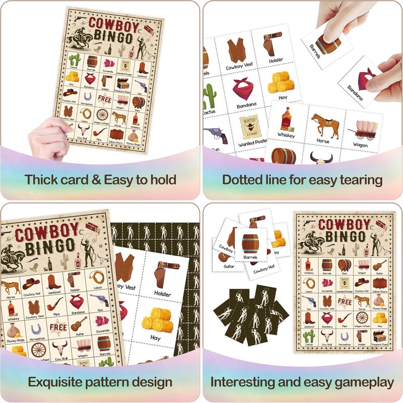 Mueddur Cowboy Bingo Card Game, Wild West Bingo Set for Adults Family Friends, Western Party Decorations, Cowboy Bingo Kit for Birthday Party, Holiday Games for 24 Players -07 - Image 3